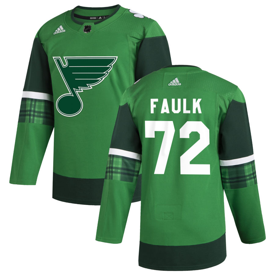 St. Louis Blues #72 Justin Faulk Men Adidas 2020 St. Patrick Day Stitched NHL Jersey Green->st.louis blues->NHL Jersey